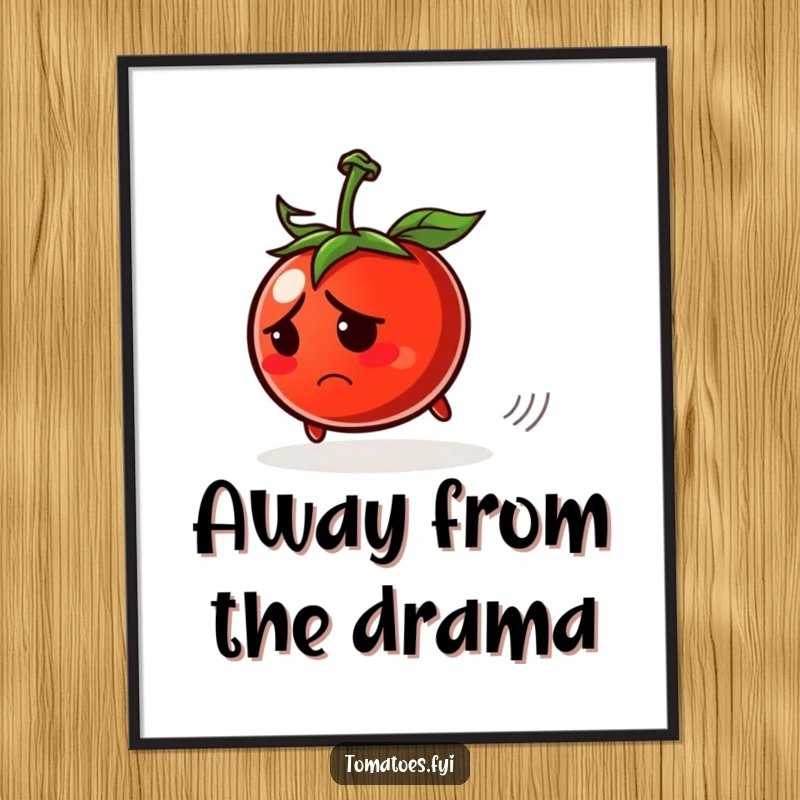 Funny digital art print of a worried tomato character rolling away, for instant relatable and humorous decor.