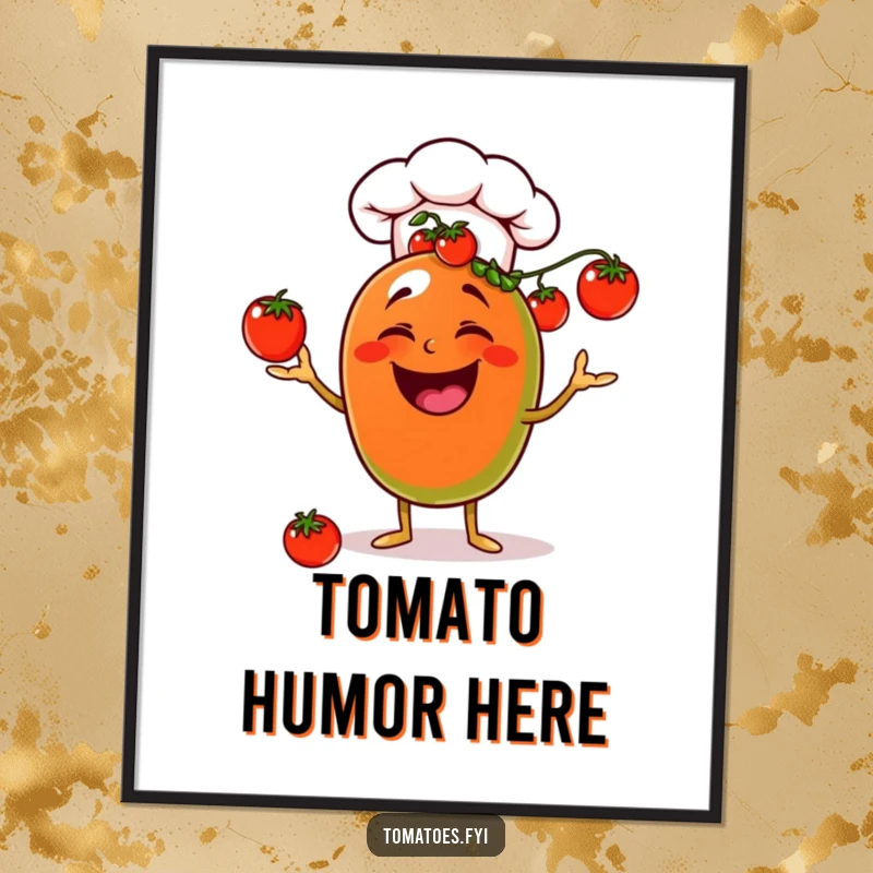 Digital funny laughing chef tomato print, juggling cherry tomatoes with a chef hat, printable humorous art.