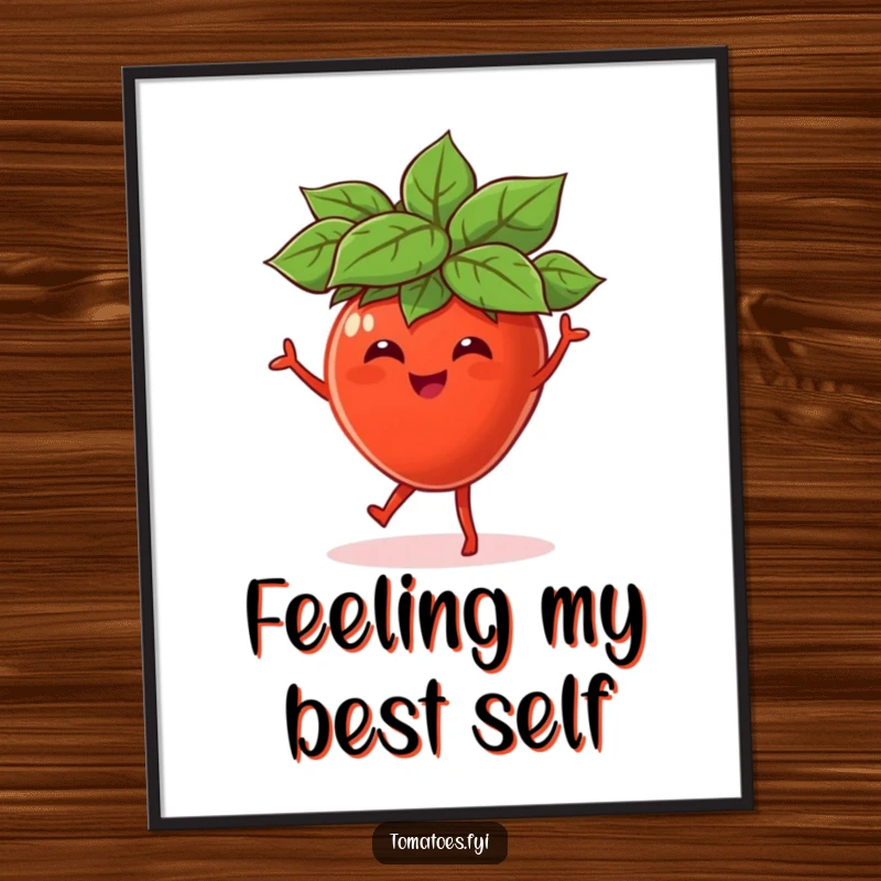Funny digital art print of a happy tomato character wearing a small leaf hat, captured dynamically dancing with pure delight.