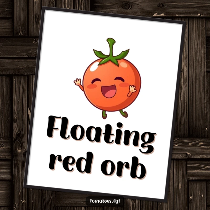 Funny digital art print of a thrilled tomato character being carried by a gentle breeze, instant whimsical decor.