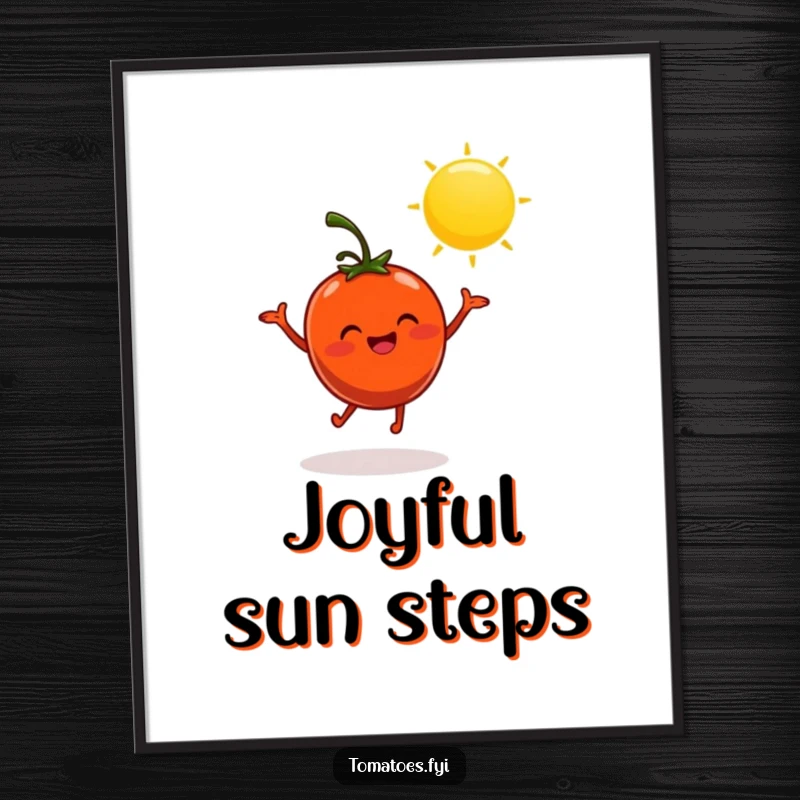 Funny digital art print of a cheerful tomato dancing in the sun, for instant joyful and humorous decor.
