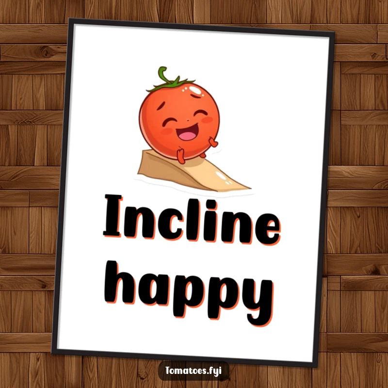 Funny digital art print of a giggling tomato character joyfully rolling down a small incline, offering instant cheerful decor.