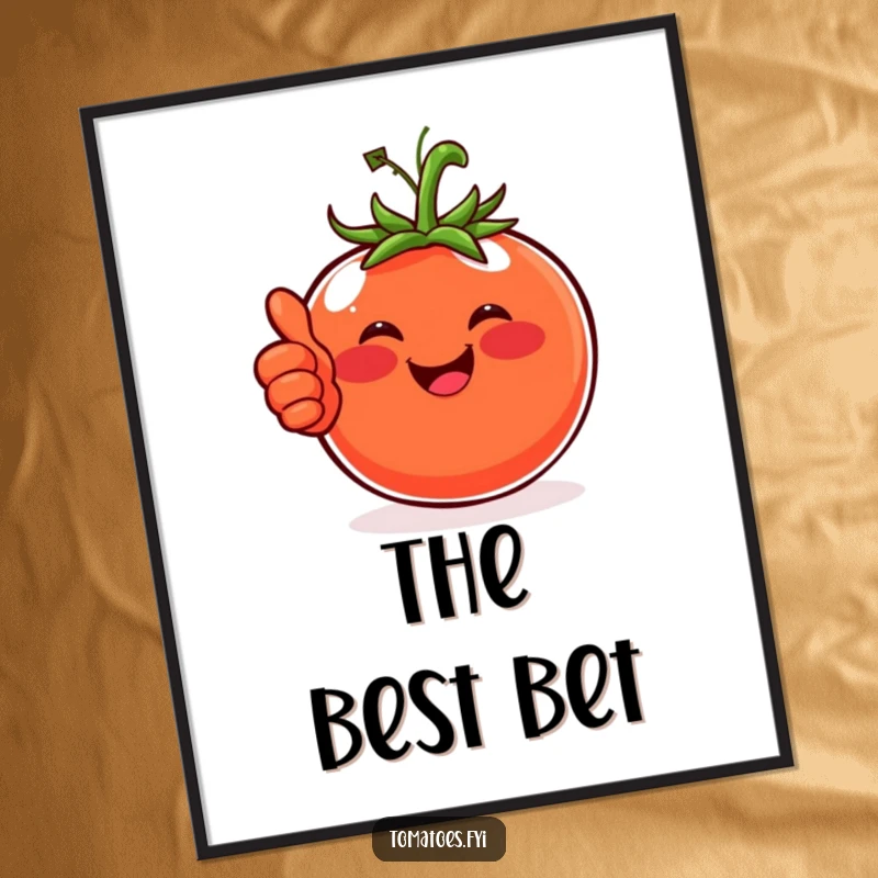 Funny digital art print of a happy tomato with rosy cheeks giving a thumbs-up, radiating cheerfulness.
