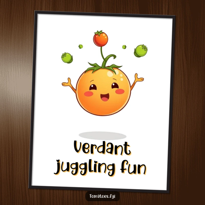 Funny digital art print of a jubilant tomato character skillfully juggling tiny green sprouts, adding whimsical charm to any room.