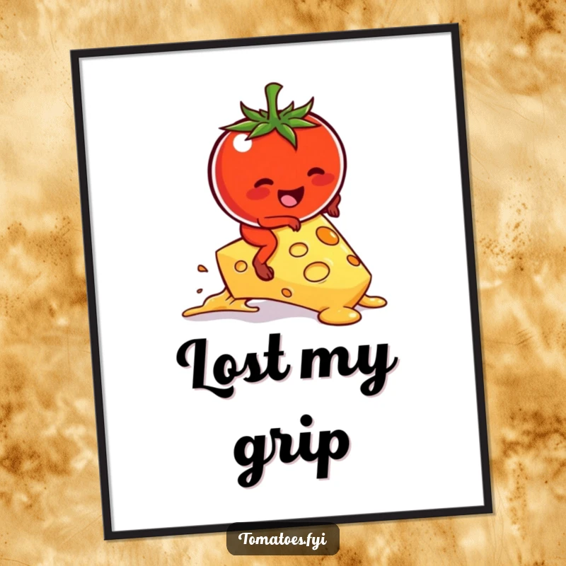 Funny kawaii tomato character hilariously attempting to ride a melting cheese slice, presented as digital art.