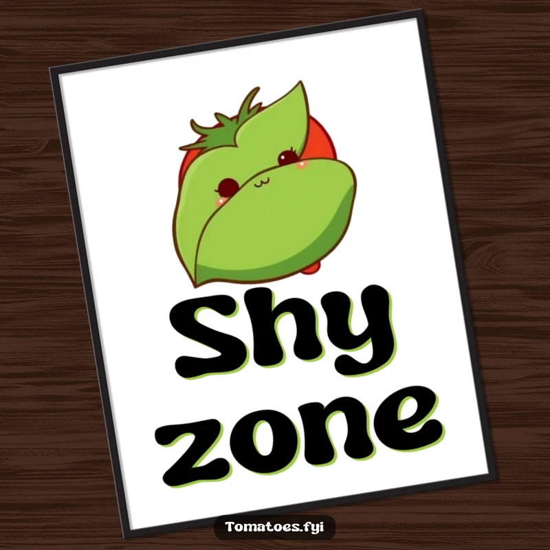 Funny digital art print shows a shy tomato peeking from behind a leaf, a charming and humorous piece for instant download.