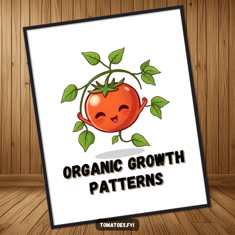 Funny Digital Art Print of a vine tomato character stretching its leaves, a humorous and natural piece.