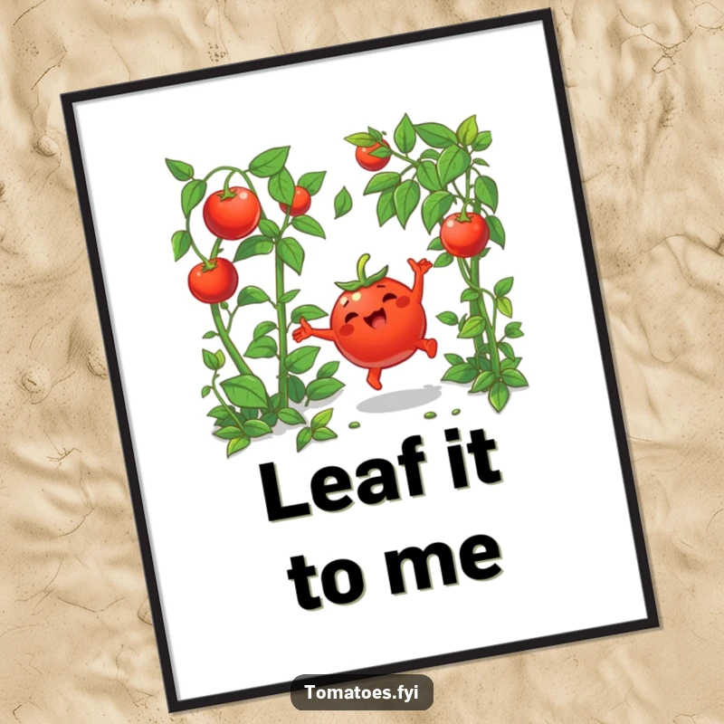 Funny digital art print of a joyful cartoon tomato doing a cartwheel amidst greenery, radiating pure happiness and fun.