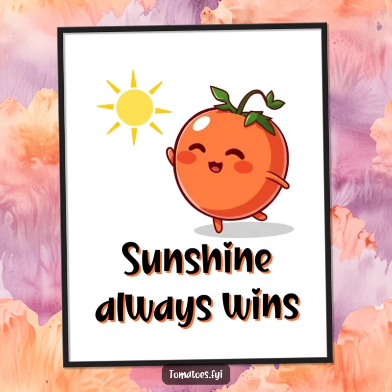 Funny digital art print of a cartoon tomato joyfully chasing a dancing sunbeam, radiating playful energy and whimsical delight.