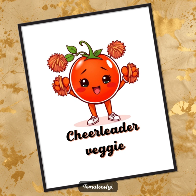 Funny digital art print of a determined tomato character cheering with pom-poms, offering instant motivational and humorous wall decor.