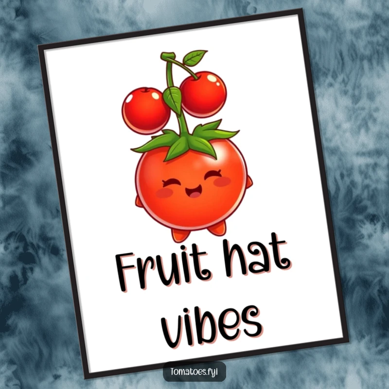 Funny tomato character comically trying to put a cherry on its head as a hat, displayed as digital art.