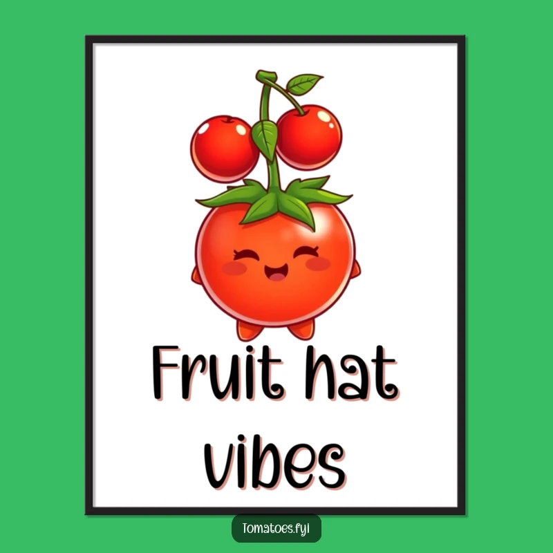 Funny Tomato Cherry Hat Digital Art - Printable Humorous Fruit Decor, Gift Idea