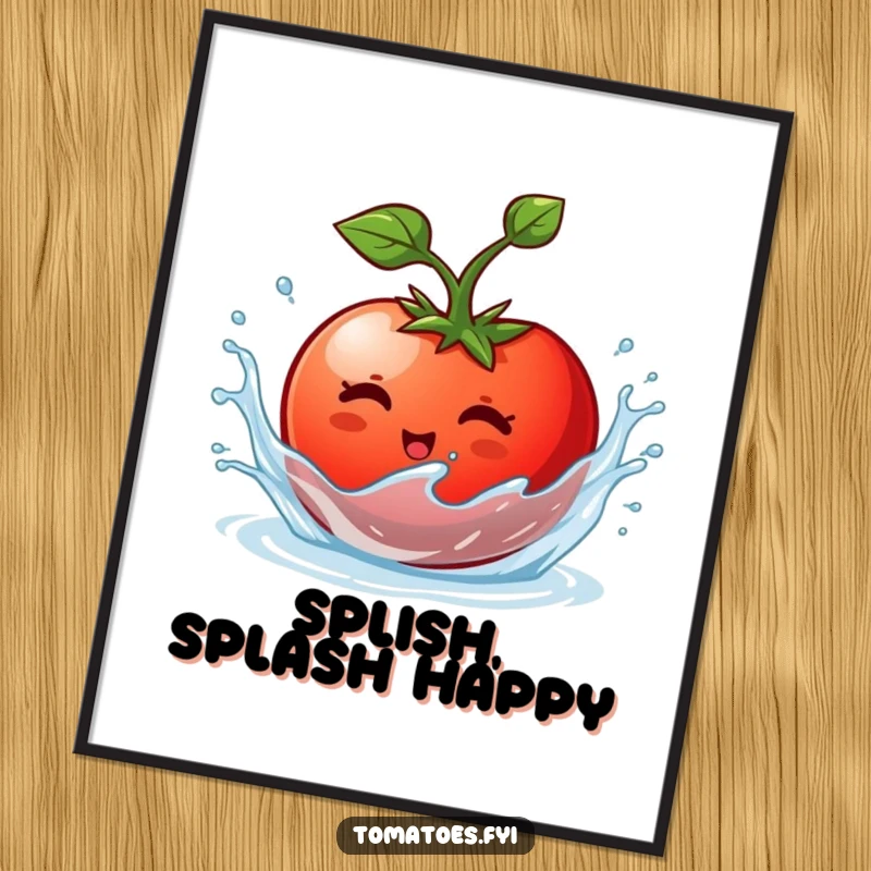 Funny digital art print of a tomato character joyfully splishing and splashing in water, full of wet, happy energy.