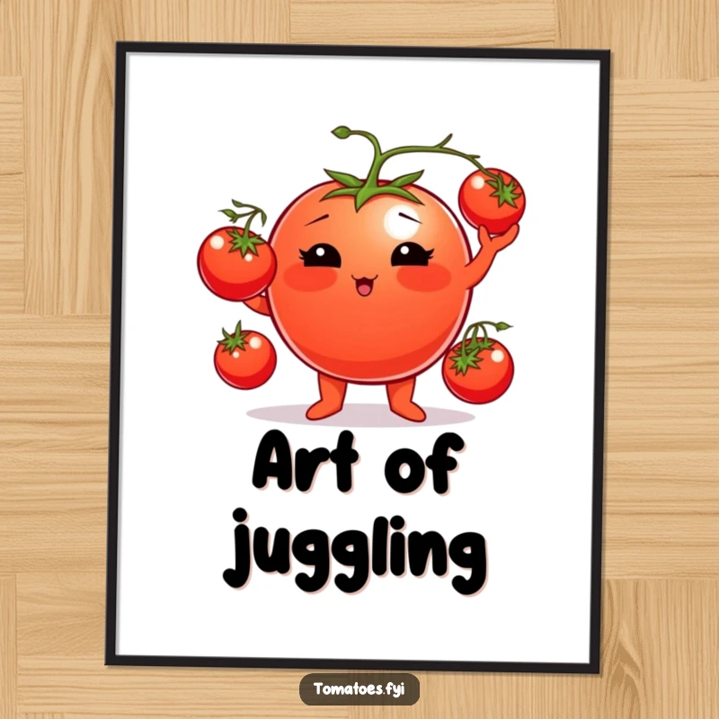 Funny tomato digital art print of a plump tomato character juggling cherry tomatoes, adding vibrant humor to any space.