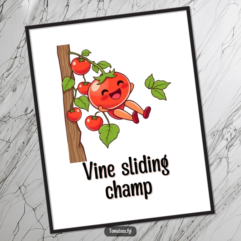 Funny digital art print of a tomato character joyfully sliding down a vine, offering instant humorous and adventurous wall decor.