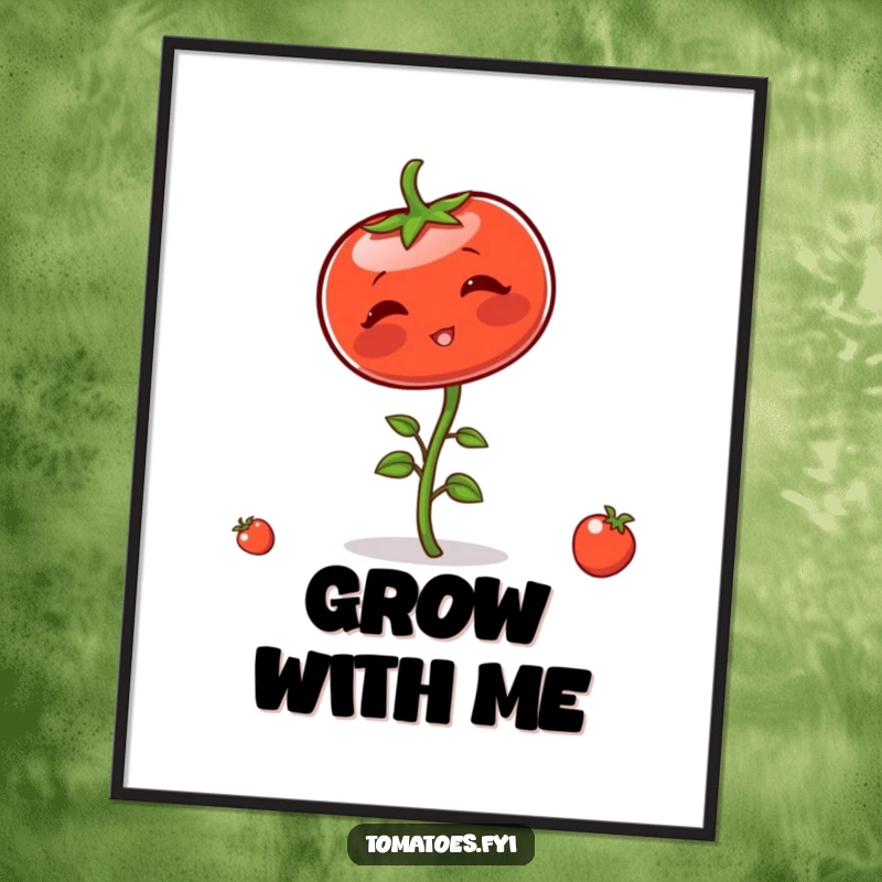 Funny digital art print of a blushing tomato character comically attempting to balance on its stem, offering instant whimsical decor.
