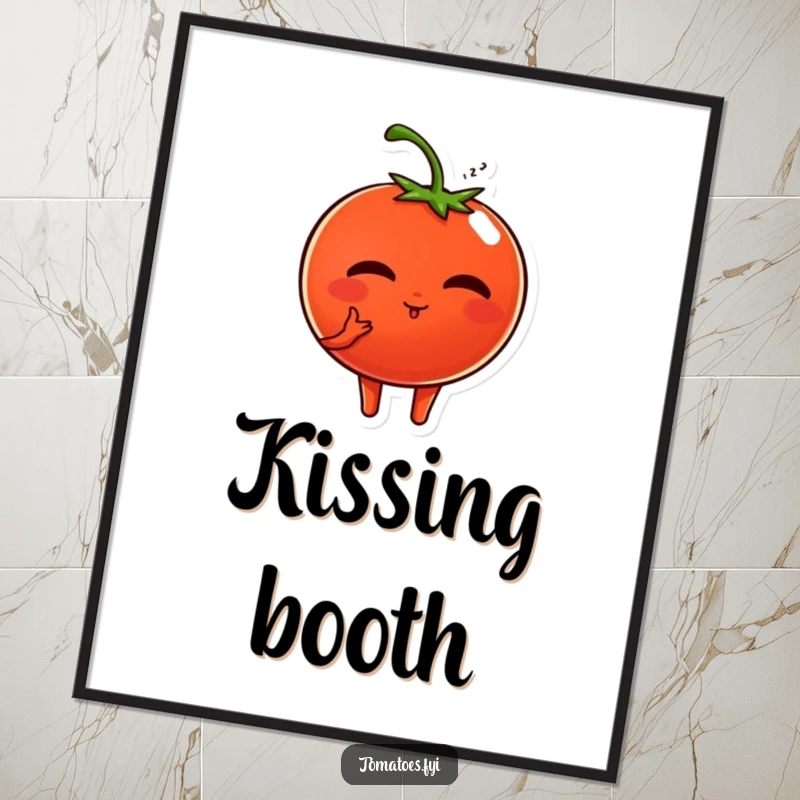 Funny digital art print shows a sweet tomato character blowing a kiss, a charming and humorous piece for instant download.