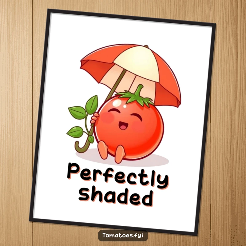 Funny digital art print of a content tomato character relaxing under a tiny umbrella, perfect for instant calming decor.