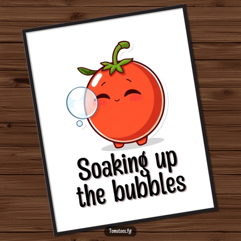 Funny digital art print of a smirking tomato character blowing a bubble with its mouth, offering playful and humorous decor.