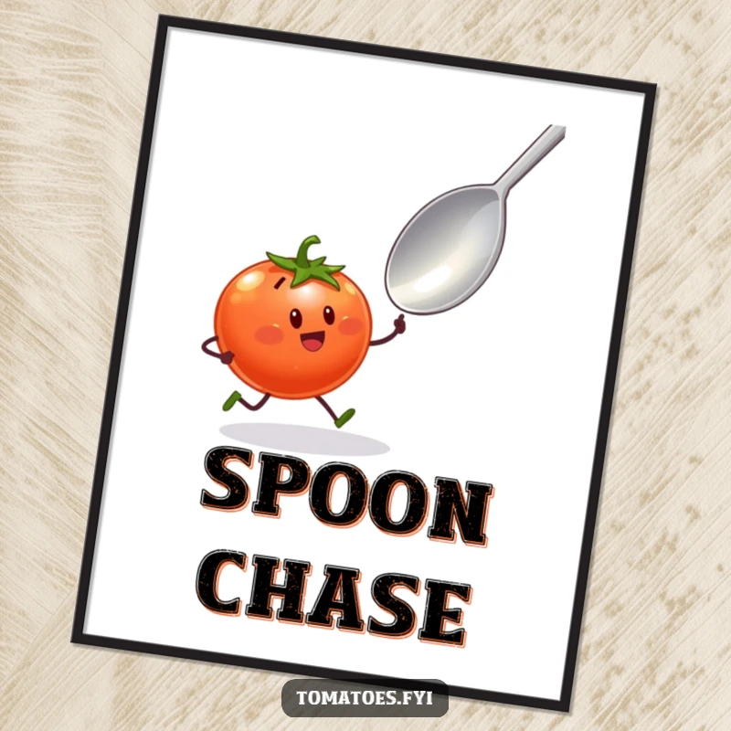 Funny digital art print of a tomato character with tiny legs excitedly sprinting towards a giant spoon, whimsical food humor.