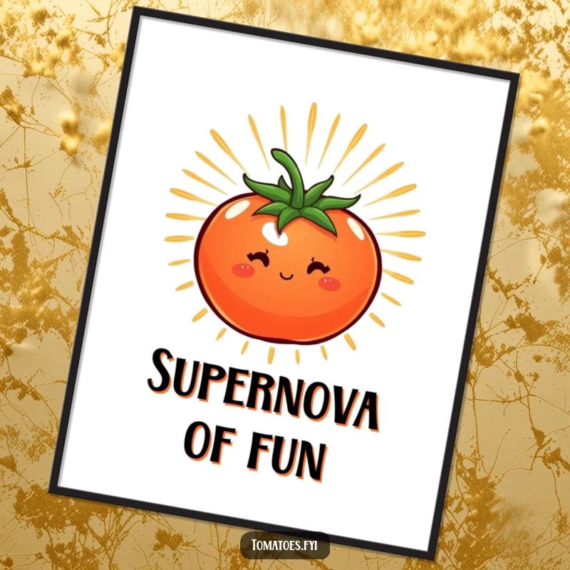 Funny digital art print of a tomato surrounded by a starburst of energy, bringing dynamic and humorous appeal.