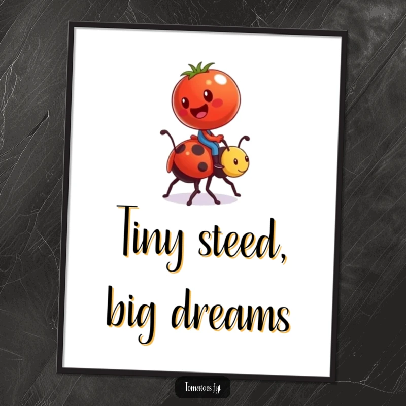 Funny digital art print of a tomato character comically riding a ladybug like a tiny steed, offering whimsical and humorous decor.