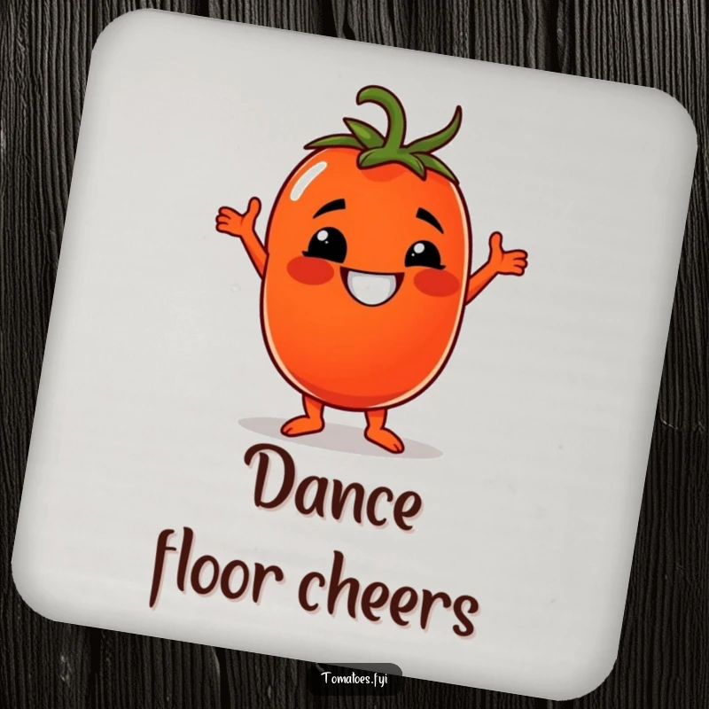 Funny drink coasters with a grinning tomato character doing a disco dance, protecting surfaces with charm.