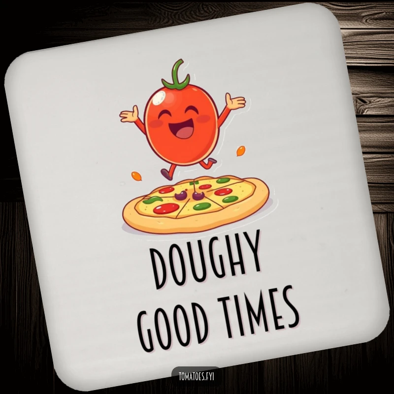 Funny cheerful tomato character joyfully bouncing on a giant pizza crust on a drink coaster.