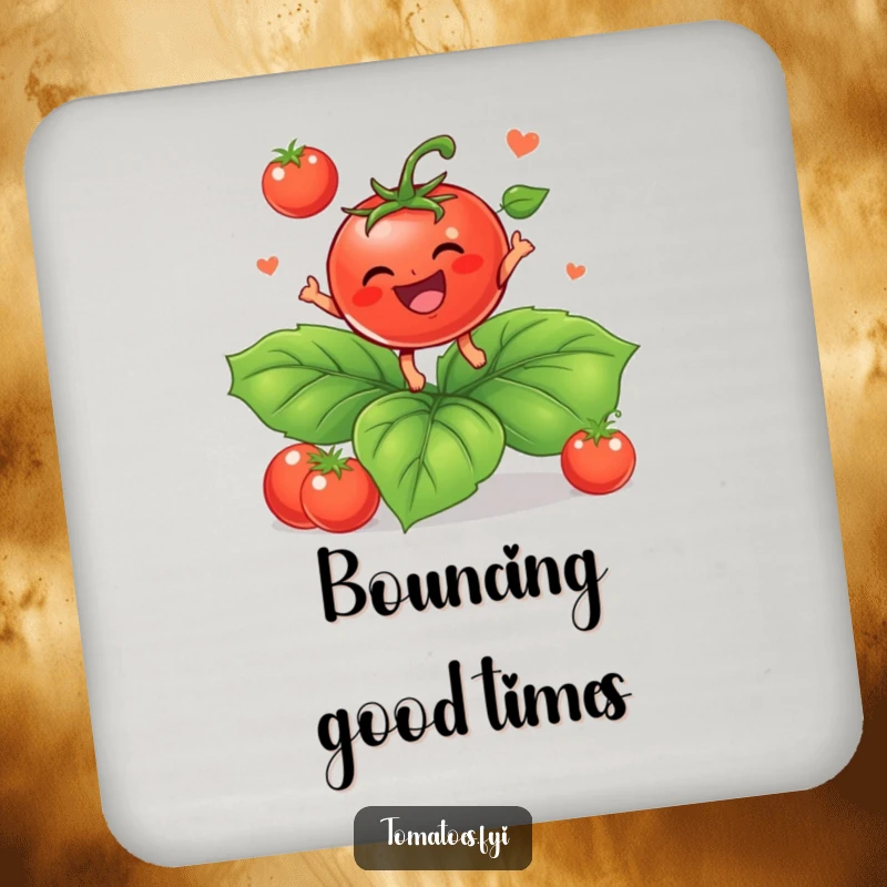 Funny Coaster: A baby tomato bounces on a leaf. A funny gift.