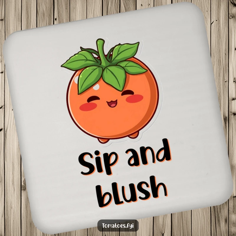Funny Drink Coaster with a round tomato character blushing intensely, adding cute embarrassment to tabletops.