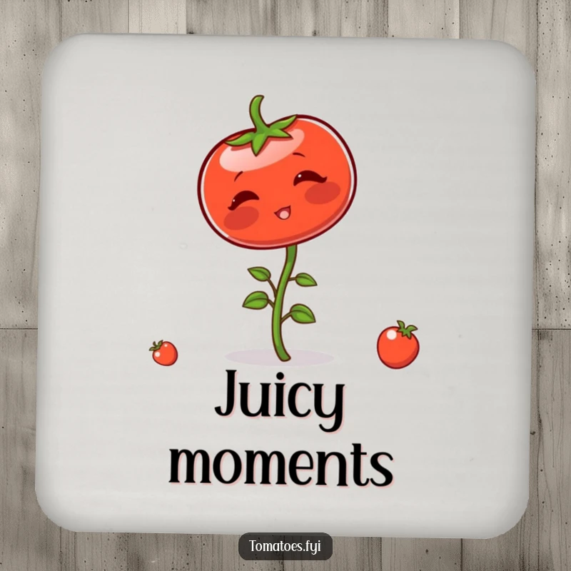 Funny coasters featuring a blushing tomato character comically attempting to balance on its stem, protecting surfaces with humor.