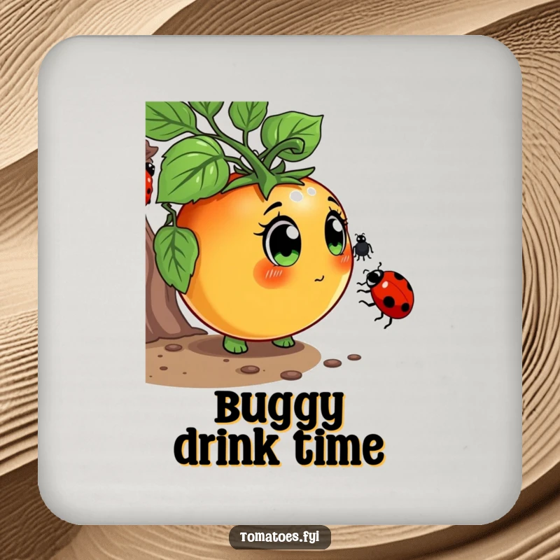 Funny Coaster with a curious tomato character with wide eyes, sniffing a ladybug, adding humorous protection to tables.
