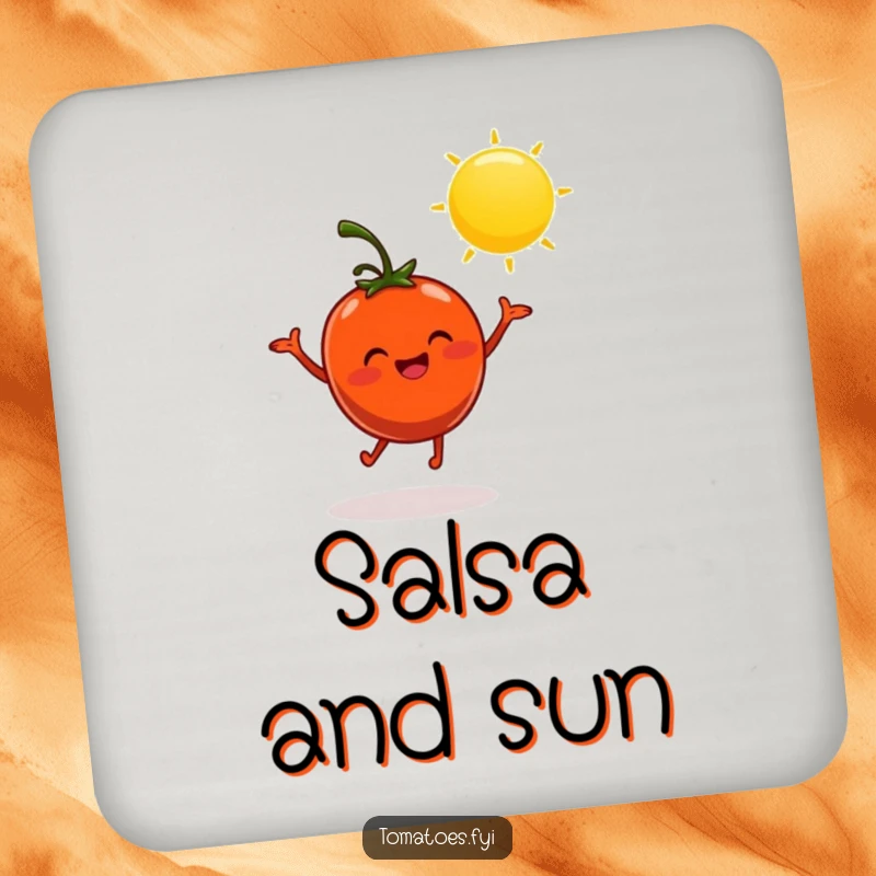 Funny coaster with a cheerful tomato character dancing in the sun, adding vibrant humor to table protection.