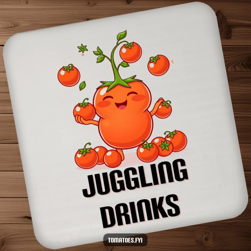Funny Coaster: A tomato giggles while juggling cherry tomatoes. A funny gift.