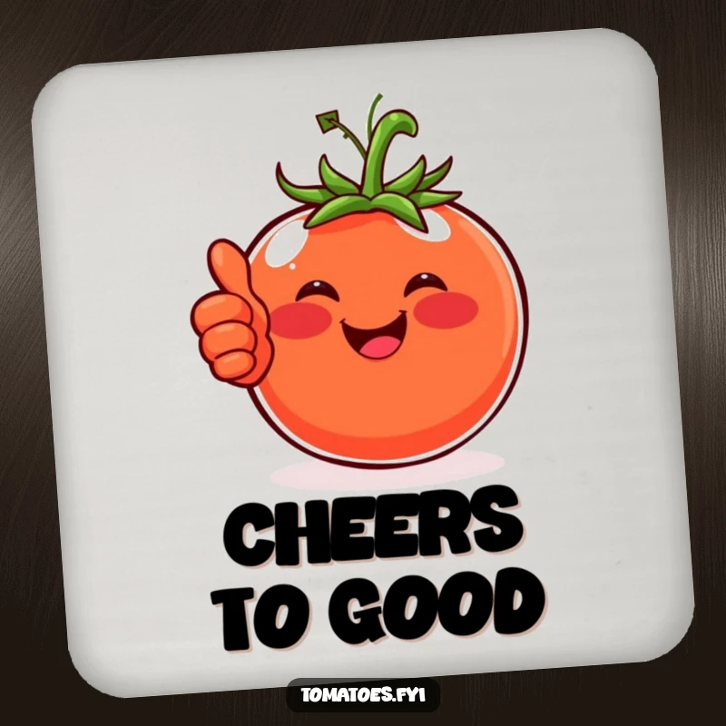 Funny coaster featuring a happy tomato with rosy cheeks giving a thumbs-up, offering cheerful surface protection.