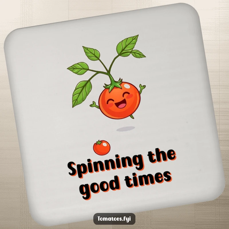 Funny Jovial Tomato Coaster: A coaster featuring a happy tomato character spinning energetically.