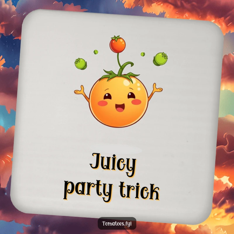 Funny drink coaster featuring a jubilant tomato character juggling tiny green sprouts, offering protection and garden whimsy.
