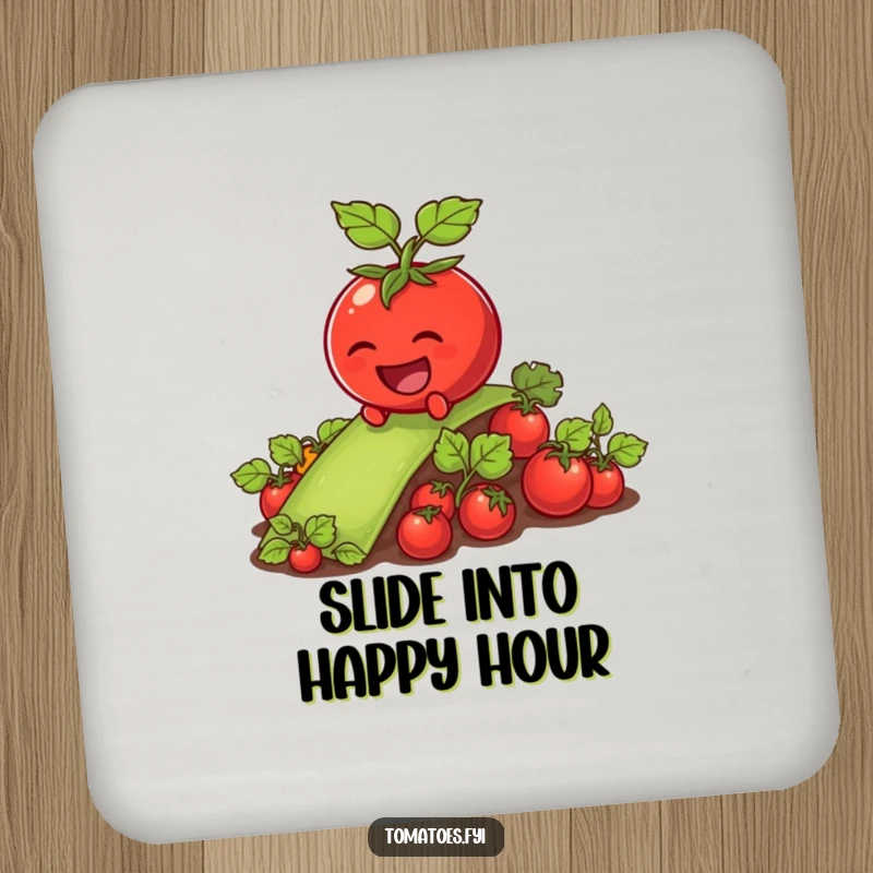 Funny tomato character sliding down a vegetable patch on a round drink coaster.