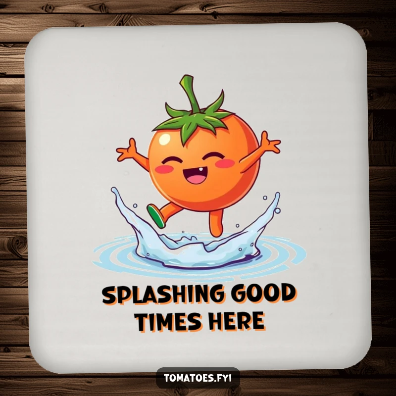 Funny drink coaster featuring a happy tomato character leaping into a playful water splash, adding a fun, dynamic touch.
