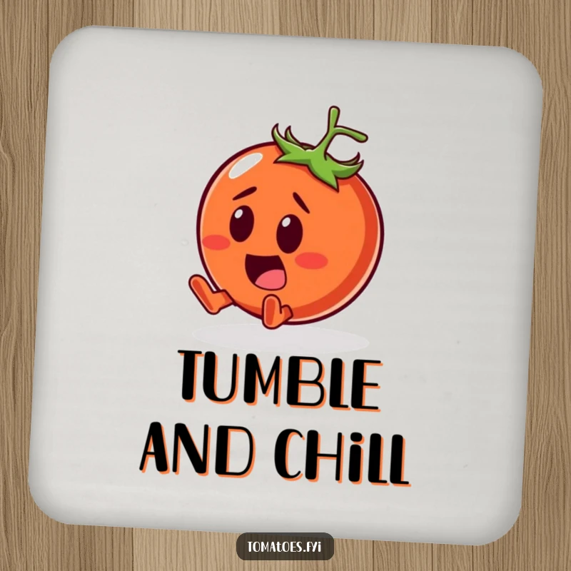 Funny Coaster with a surprised tomato character comically tumbling with a smile, adding humorous protection to tables.