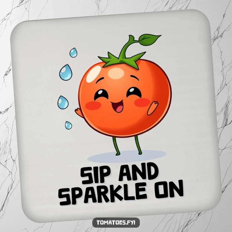 Funny tomato character joyfully juggling tiny dew drops on this drink coaster, a whimsical and practical addition.