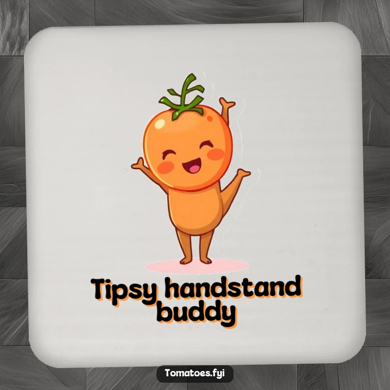 Funny tomato character comically attempting a handstand on this drink coaster, a humorous and practical addition.