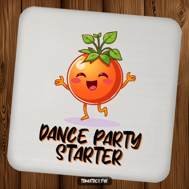 Funny cheerful tomato character doing a happy jig with sprouts, on a cute and funny coaster.