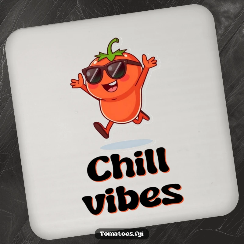 Funny coaster featuring a cool tomato character in sunglasses doing a playful jump, a vibrant and protective tabletop accent.
