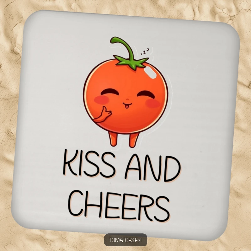 Funny coasters feature a sweet tomato character blowing a kiss, offering protection with a touch of romantic, humorous charm.