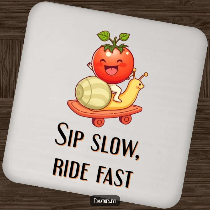 Funny tomato character riding a snail like a rollercoaster on this drink coaster, a humorous and practical addition.
