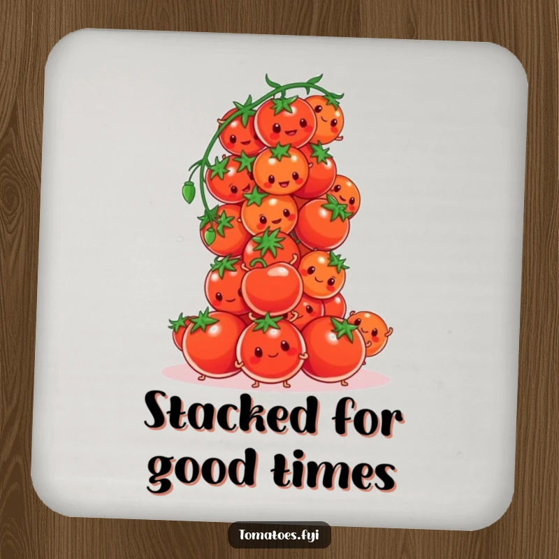 Funny tomato characters comically attempting to build a tower of cherry tomatoes on this drink coaster, a humorous addition.
