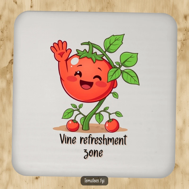 Funny coasters featuring a tomato character waving from its vine, protecting surfaces with a dose of vegetable-inspired humor.