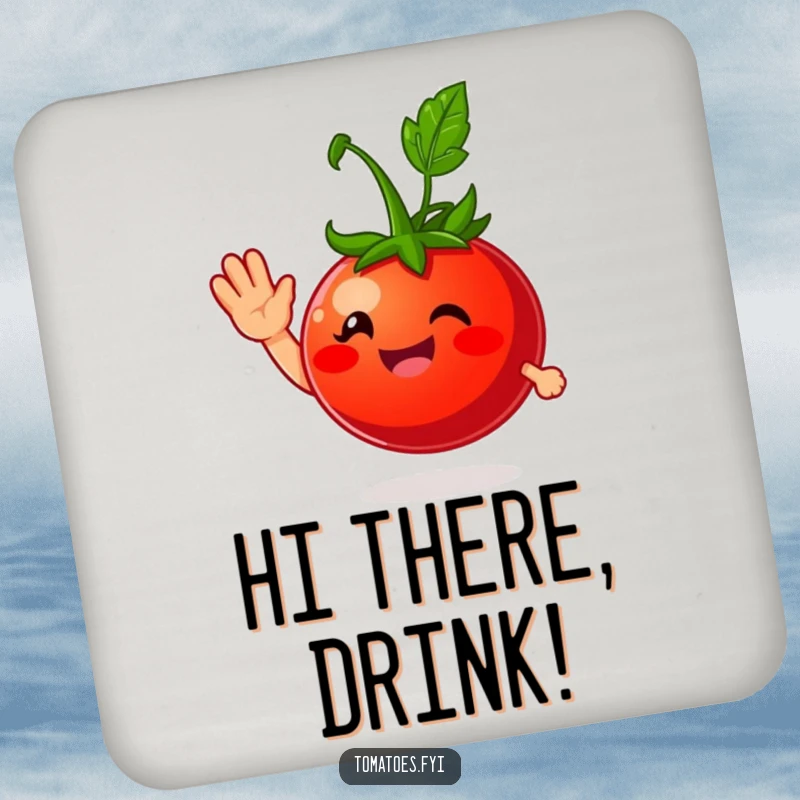 Funny drink coasters featuring a smiling tomato character giving a friendly wave, protecting surfaces with a humorous and welcoming design.