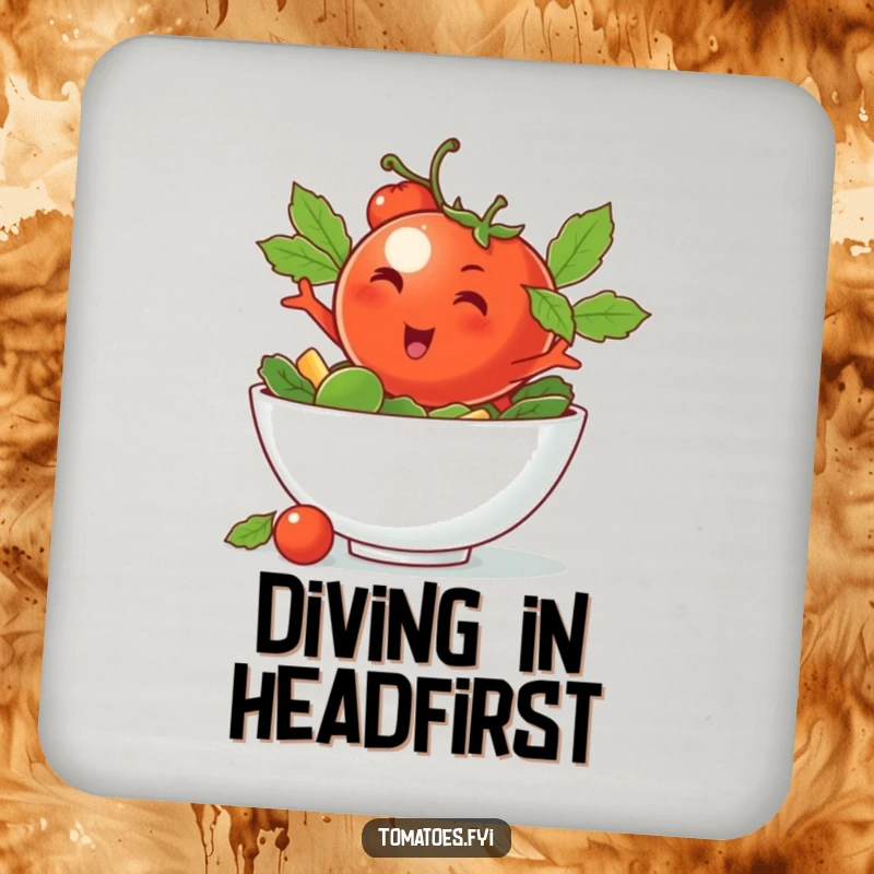 Funny coaster with a winking tomato character doing a cool dive, adding stylish humor to table protection.